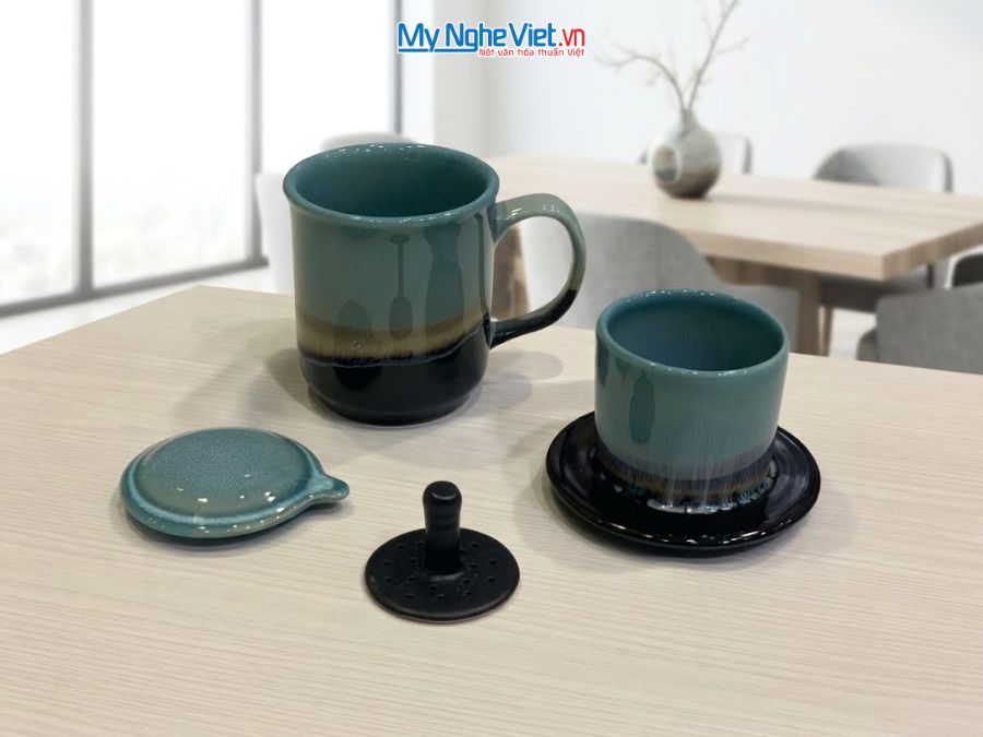 Set Quà Tặng Phin Cà Phê Men Hỏa Biến Màu Xanh Ngọc & Cà Phê Rang Xay Orilam Coffee