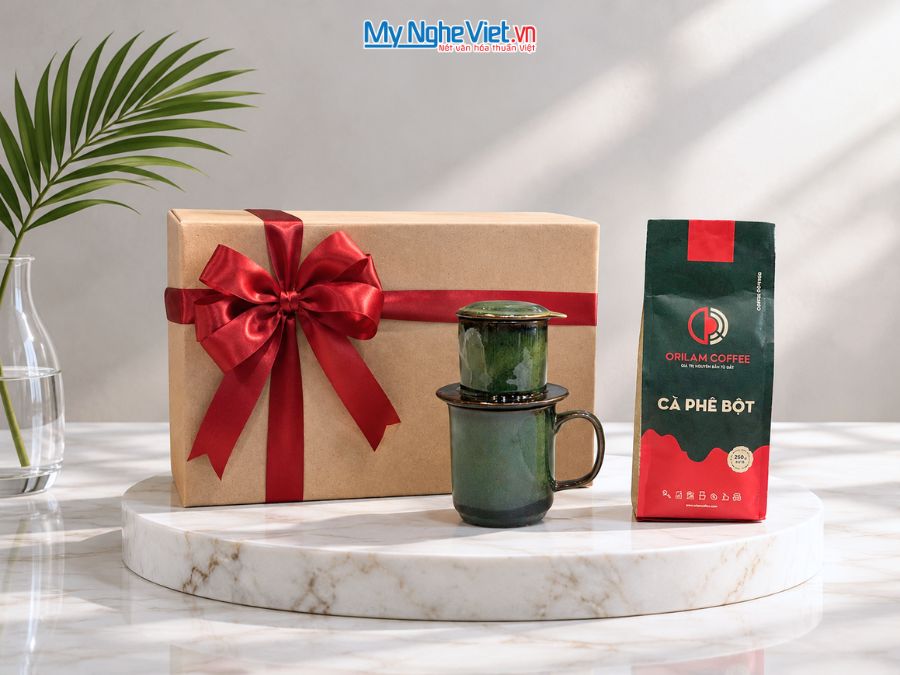 Set Quà Tặng Phin Cà Phê Men Hỏa Biến Màu Xanh Rêu & Cà Phê Rang Xay Orilam Coffee