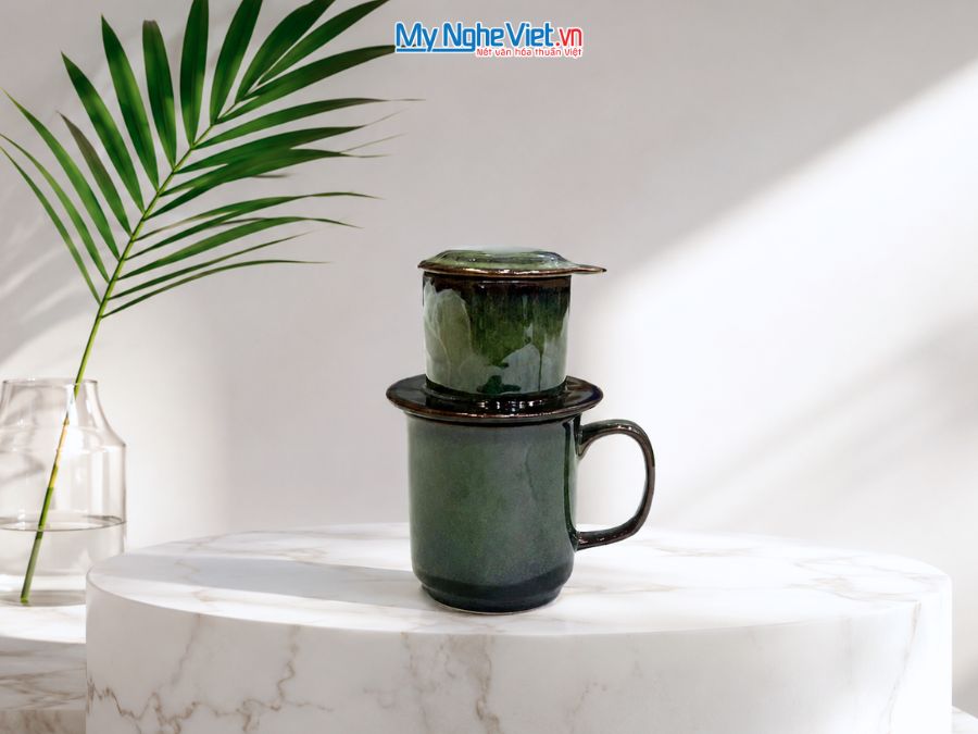 Set Quà Tặng Phin Cà Phê Men Hỏa Biến Màu Xanh Rêu & Cà Phê Rang Xay Orilam Coffee