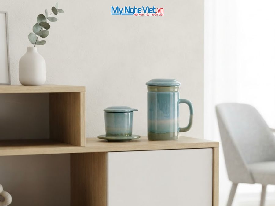 Set Quà Tặng Phin Cà Phê Và Ly Lọc Trà Gốm Màu Xanh CBCFV002-7