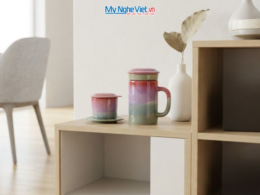 Set Quà Tặng Phin Cà Phê Và Ly Lọc Trà Gốm Màu Hồng Đậm CBCFV002-8