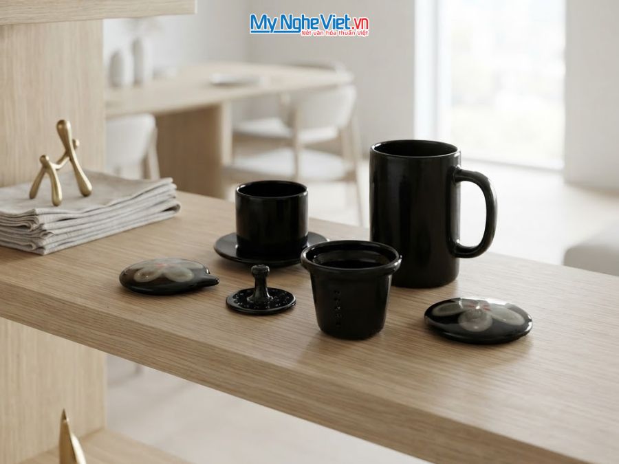 Set Quà Tặng Phin Cà Phê Và Ly Lọc Trà Gốm Màu Đen Vẽ Hoa CBCFV002-10