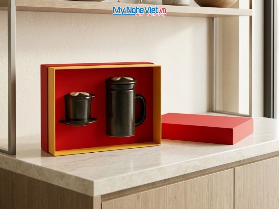 Set Quà Tặng Phin Cà Phê Và Ly Lọc Trà Gốm Màu Đen Vẽ Hoa CBCFV002-10