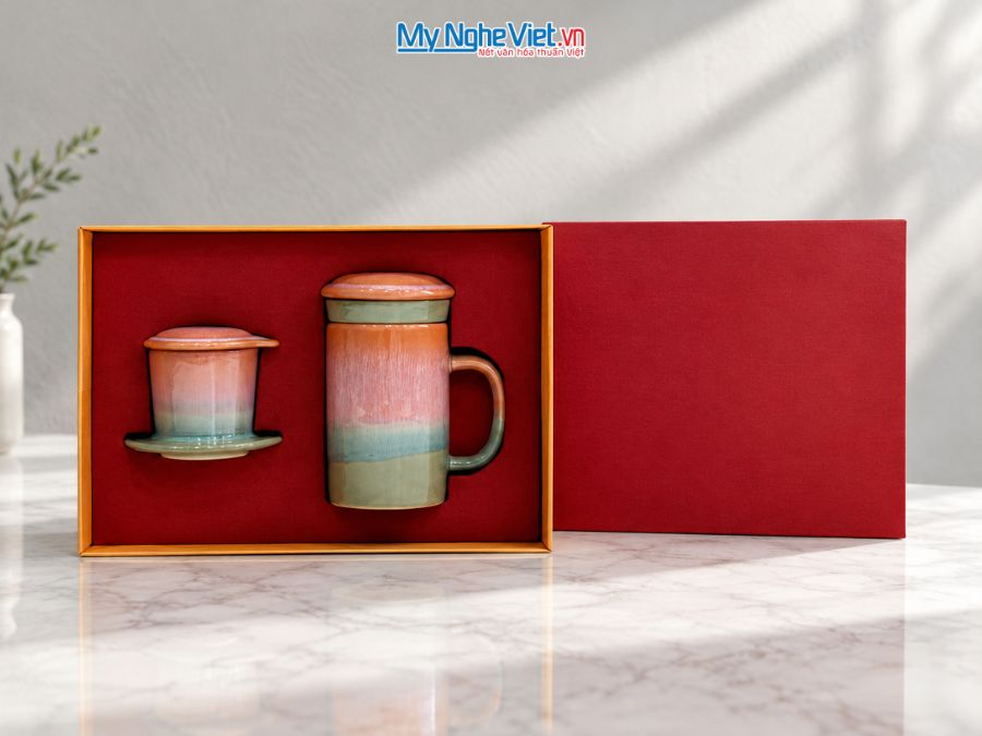 Set Quà Tặng Phin Cà Phê Và Ly Lọc Trà Gốm Màu Hồng Cam CBCFV002-9