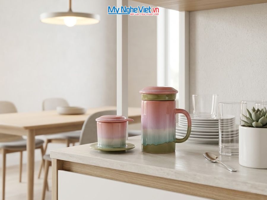 Set Quà Tặng Phin Cà Phê Và Ly Lọc Trà Gốm Màu Hồng Nhạt CBCFV002-12