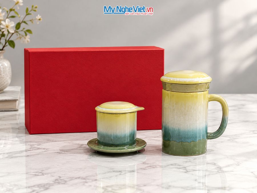 Set Quà Tặng Phin Cà Phê Và Ly Lọc Trà Gốm Màu Vàng CBCFV002-6
