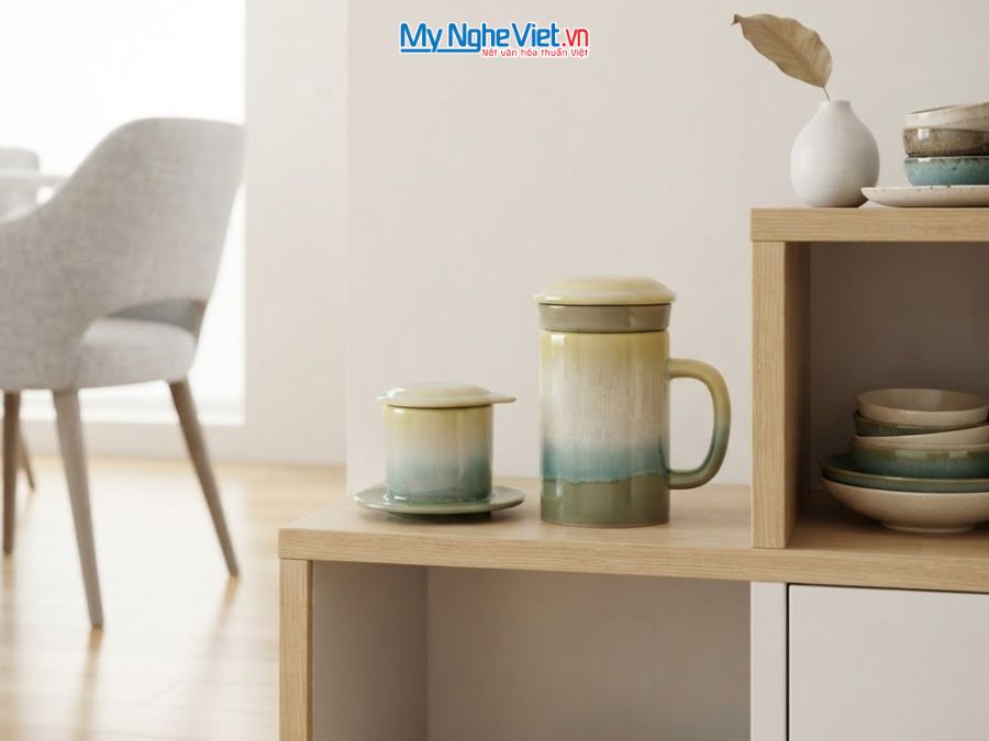 Set Quà Tặng Phin Cà Phê Và Ly Lọc Trà Gốm Màu Vàng CBCFV002-6